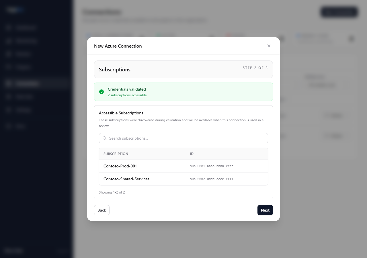 Add Connection modal — subscriptions step