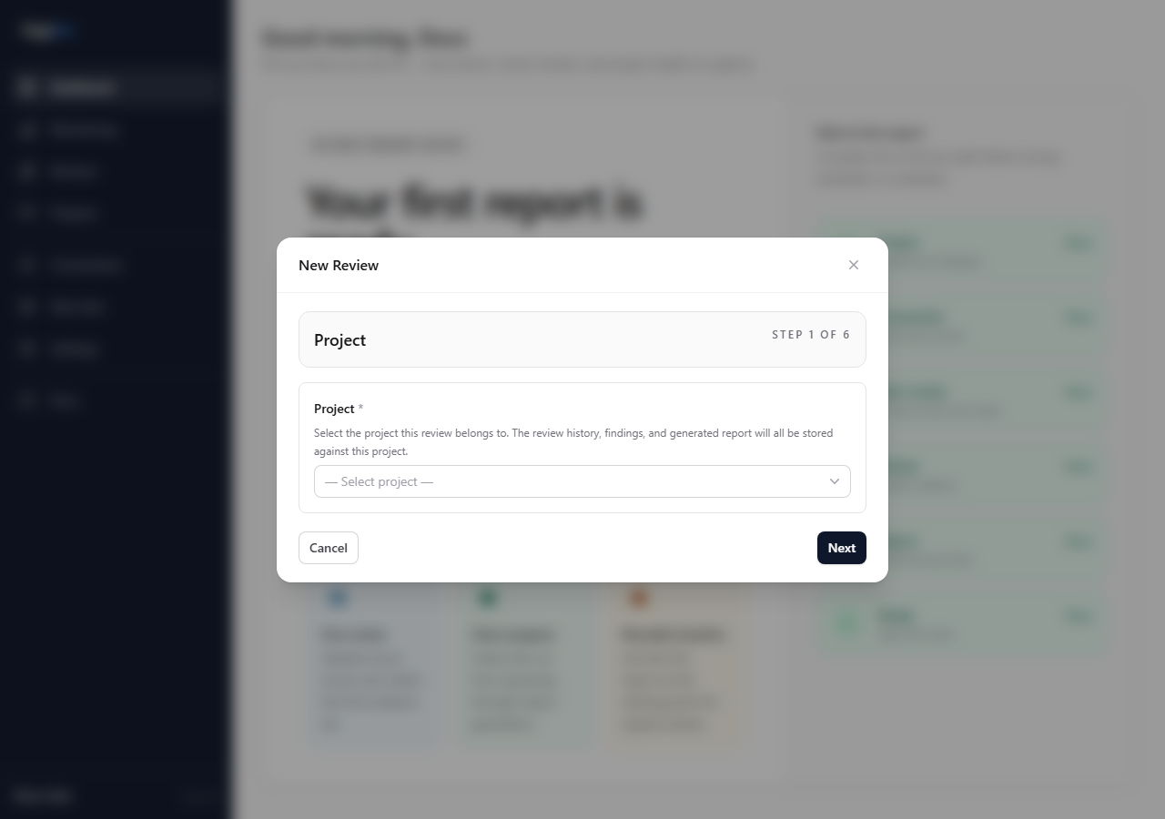 Start review modal — project step