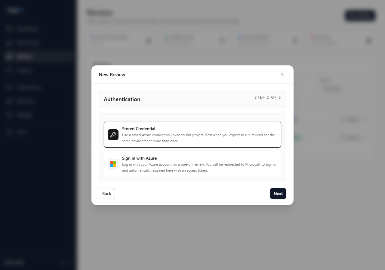 New review — Azure access step